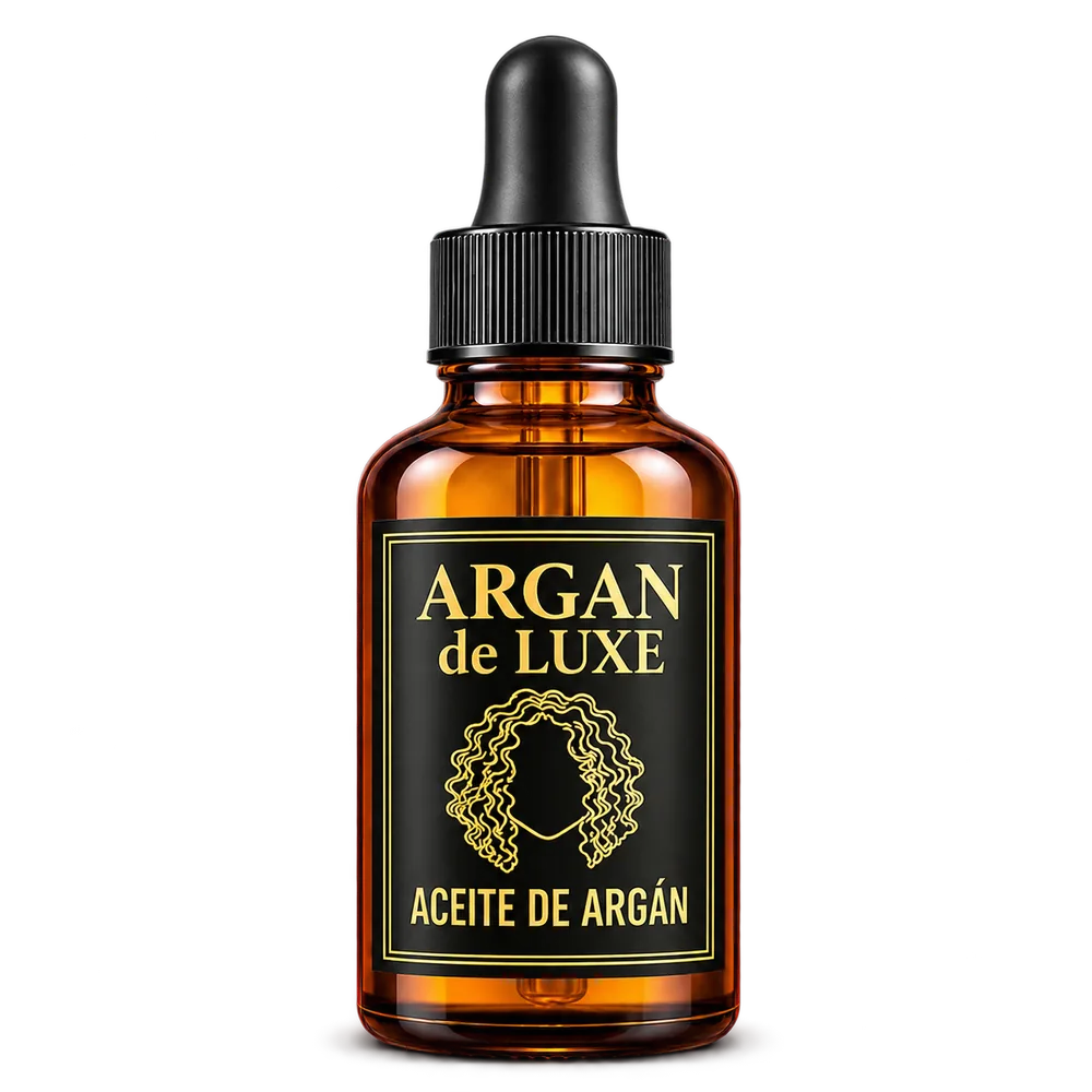 Mockup ilustrativo del aceite de argán con etiqueta negra y dorada Argan de Luxe